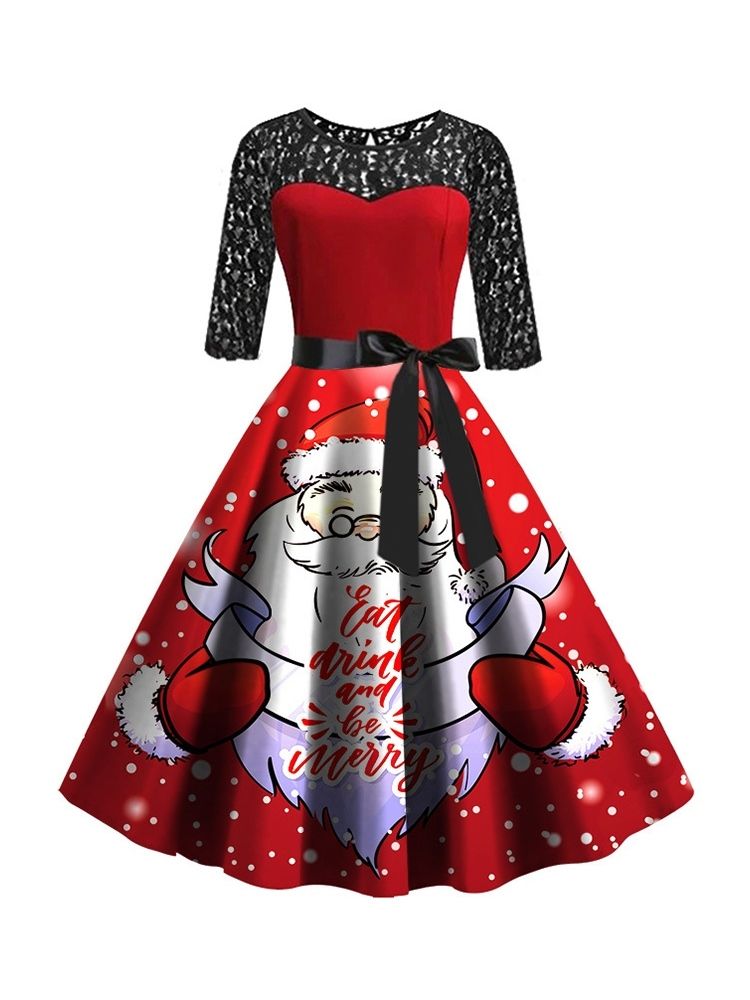 Weihnachten Rundhalsausschnitt Print Halbarm Sommer Cartoon Kleid Print