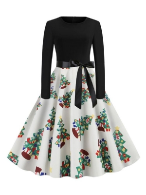 Weihnachtsbäume Für Damen Mitte-waden-patchwork-langarm-karikatur-kleid Mit Mittlerer Taille