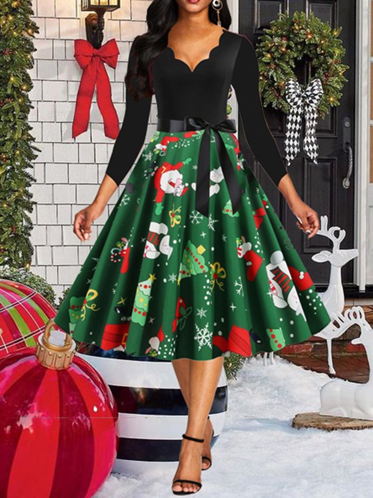 Weihnachtskleid Mit Dreiviertelärmeligem Print Und V-ausschnitt Für Damen