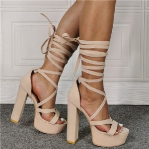 Chunky Heel Lace-up Round Toe Beige Damen Sandalen