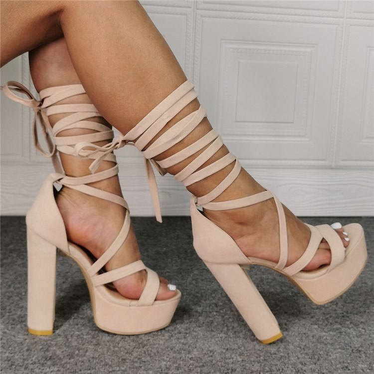 Chunky Heel Lace-up Round Toe Beige Damen Sandalen