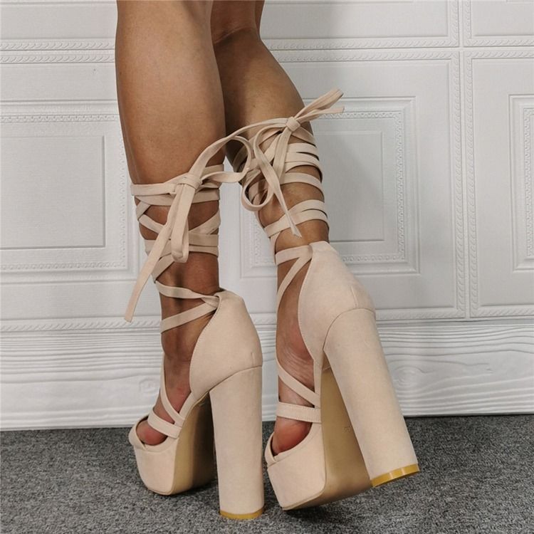 Chunky Heel Lace-up Round Toe Beige Damen Sandalen