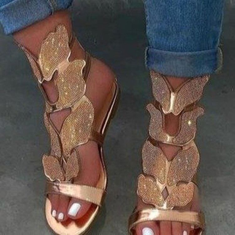 Damen-fersenabdeck-reißverschluss Flach Mit Strass-sandalen