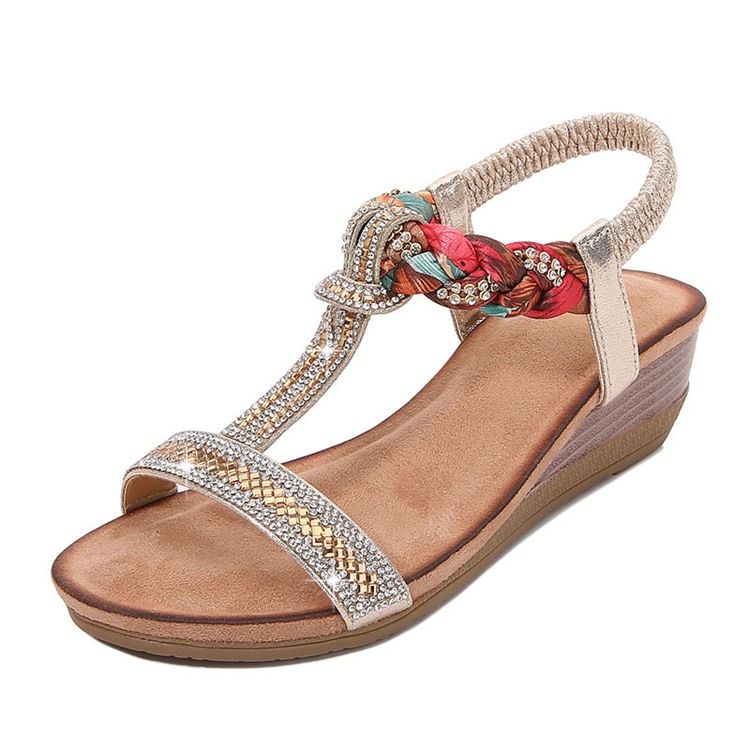 Damen Gummiband Keilabsatz Offene Spitze Strass Sandalen