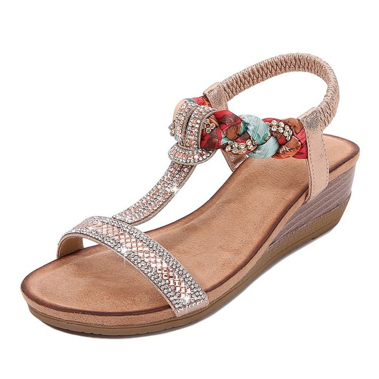 Damen Gummiband Keilabsatz Offene Spitze Strass Sandalen