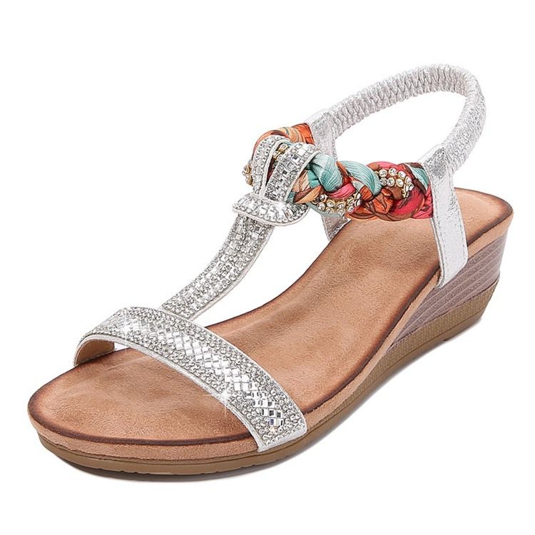 Damen Gummiband Keilabsatz Offene Spitze Strass Sandalen