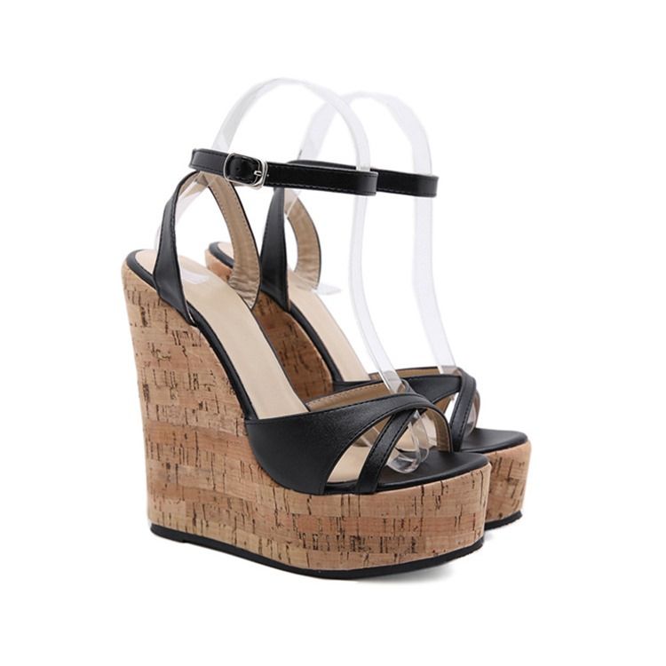 Damen-patchwork-sandalen Mit Keilabsatz Und Schnalle Mit Offener Spitze