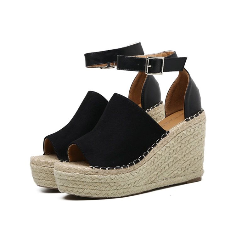 Damen-peep-toe-plateau-espadrille-keilsandalen Mit Schnalle