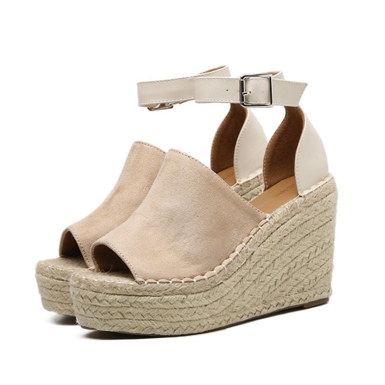 Damen-peep-toe-plateau-espadrille-keilsandalen Mit Schnalle