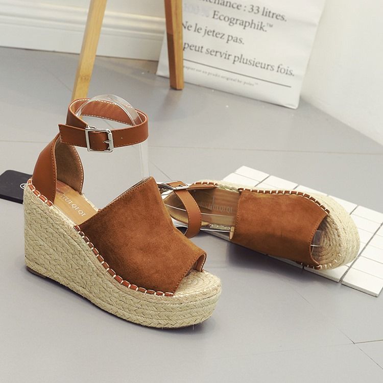 Damen-peep-toe-plateau-espadrille-keilsandalen Mit Schnalle