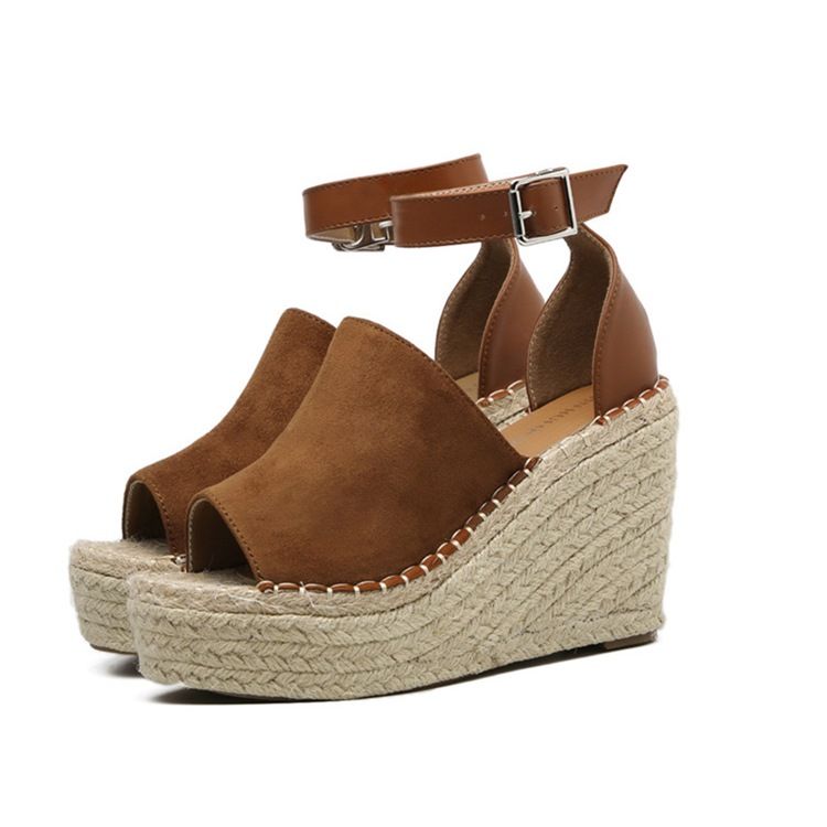 Damen-peep-toe-plateau-espadrille-keilsandalen Mit Schnalle