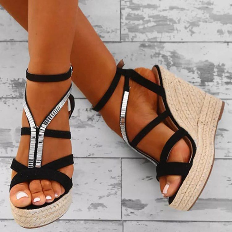 Damen Strass Gewebte Plateau-sandalen Mit Keilabsatz Und Espadrille