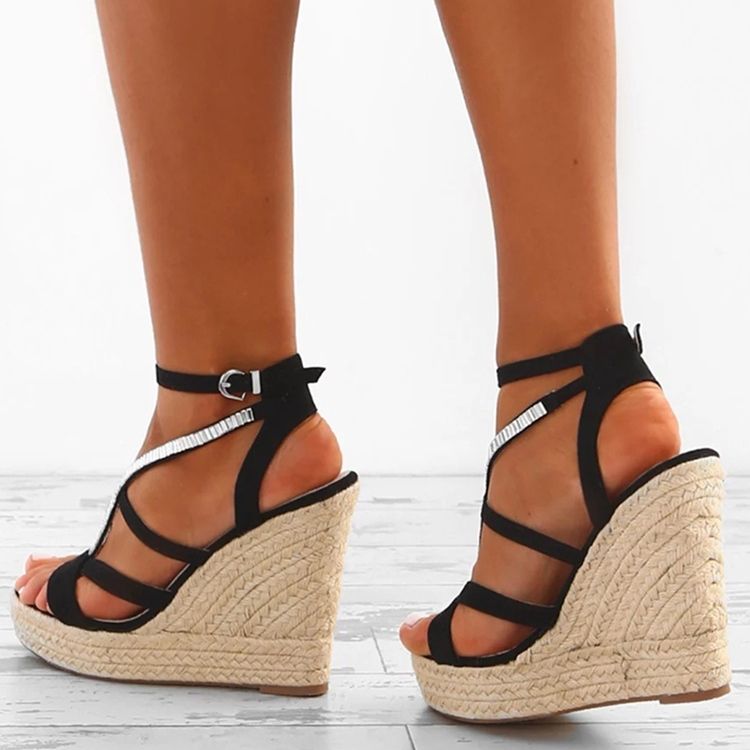 Damen Strass Gewebte Plateau-sandalen Mit Keilabsatz Und Espadrille