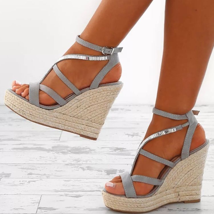 Damen Strass Gewebte Plateau-sandalen Mit Keilabsatz Und Espadrille