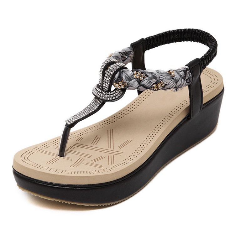 Damen Tanga Keilabsatz Slip-on Strass Sandalen