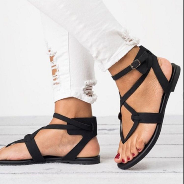 Flache Sandalen Mit Riemen Und Flacher Schnalle Für Damen