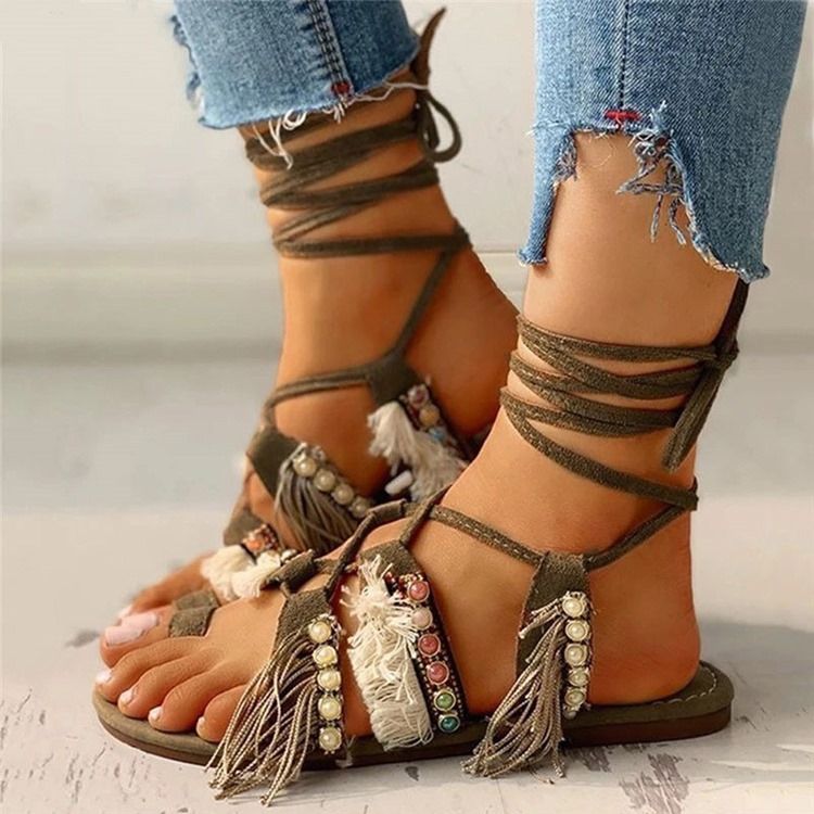 Flache Sandalen Mit Runder Spitze Und Patchwork-schnürung Für Damen