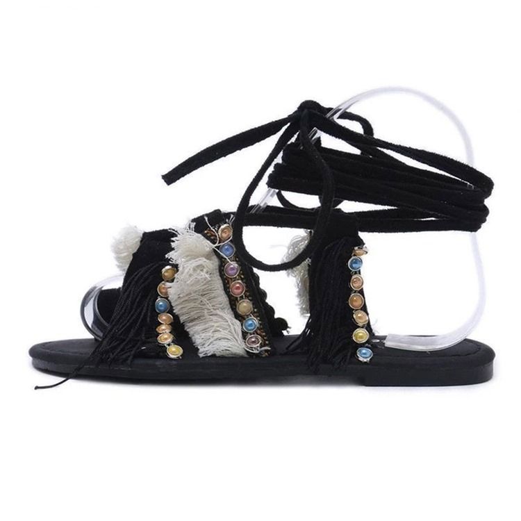 Flache Sandalen Mit Runder Spitze Und Patchwork-schnürung Für Damen