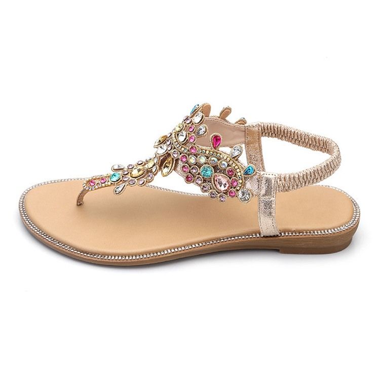 Flache Sandalen Mit Strass-tanga-gummiband Für Damen