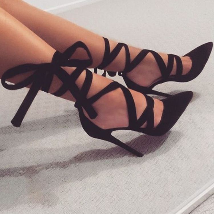 Frauen Sexy Schwarze Knöchelband Schnür-stiletto-sandalen