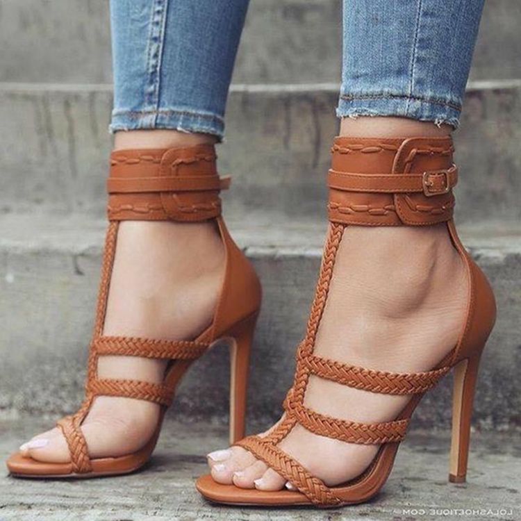 Hoch Geschnittene Einfarbige Offene Stiletto-sandalen Mit Schnalle Für Damen