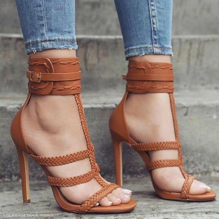 Hoch Geschnittene Einfarbige Offene Stiletto-sandalen Mit Schnalle Für Damen