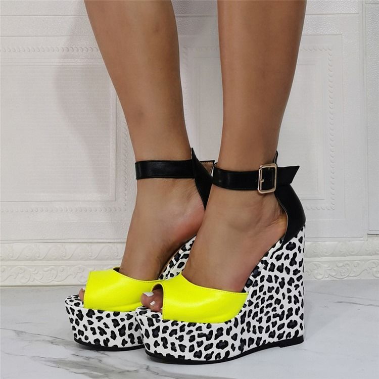 Keilabsatz Peep Toe Schnalle Leopard Damen Dünne Schuhe