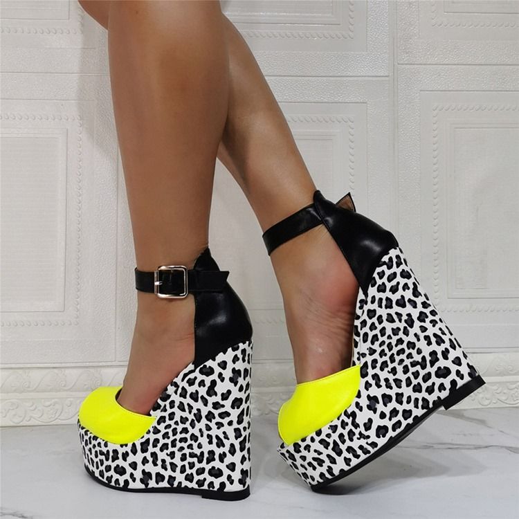 Keilabsatz Peep Toe Schnalle Leopard Damen Dünne Schuhe