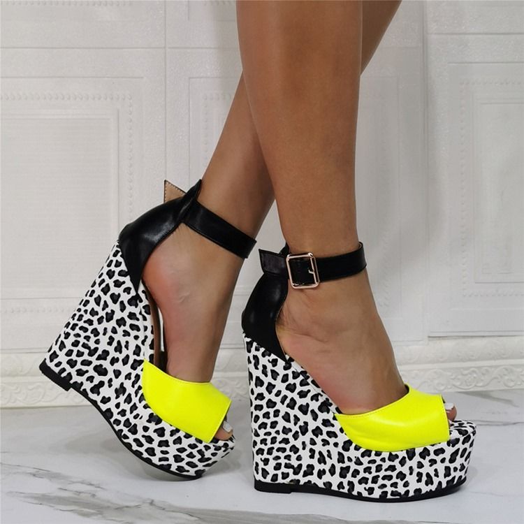 Keilabsatz Peep Toe Schnalle Leopard Damen Dünne Schuhe