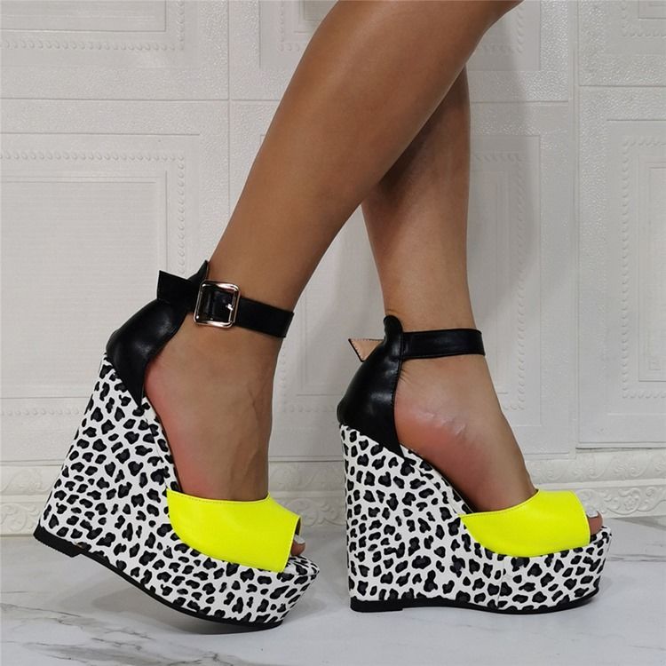 Keilabsatz Peep Toe Schnalle Leopard Damen Dünne Schuhe