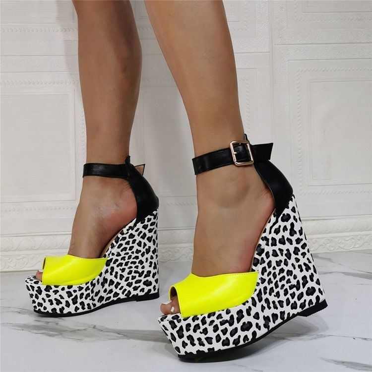 Keilabsatz Peep Toe Schnalle Leopard Damen Dünne Schuhe