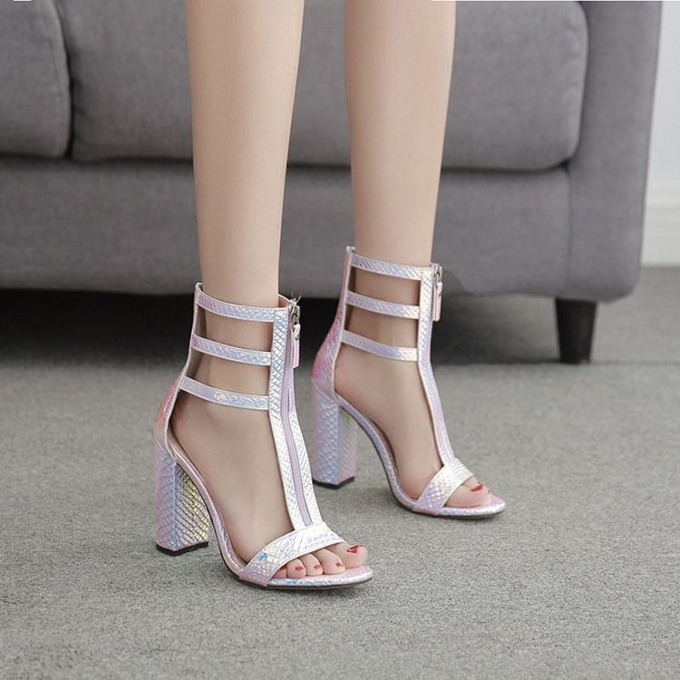 Open Toe Zipper Chunky Heel Damen Freizeitsandalen Sand