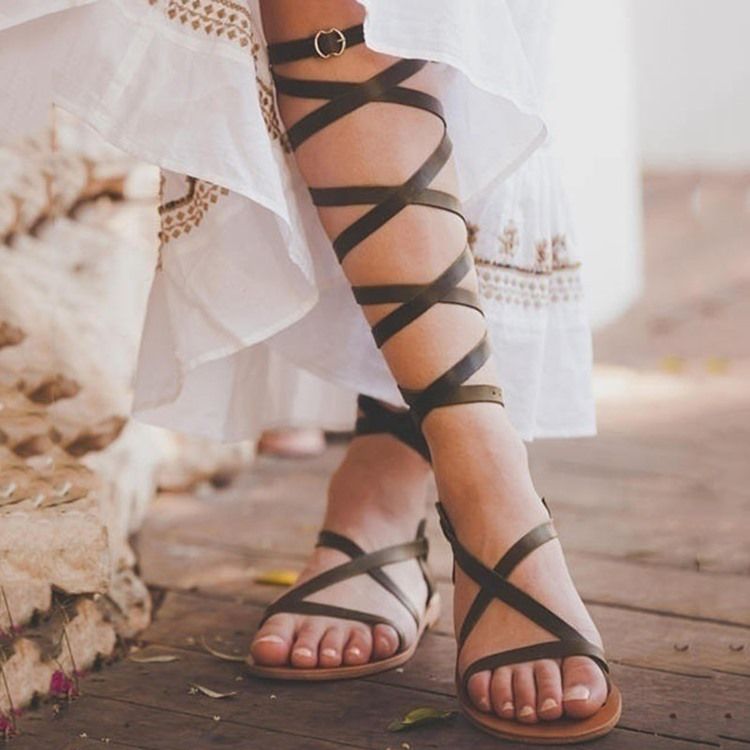 Pu Knöchelriemen Schnalle Damen Flache Sandalen