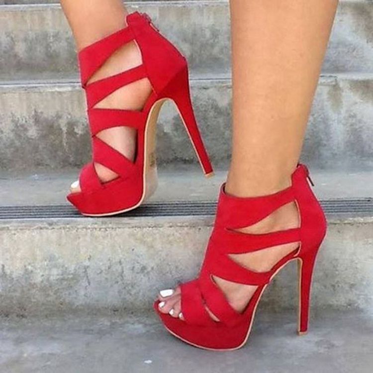 Rote Sandalen Aus Wildlederimitat Mit Offenen Zehen Und Stilettos Für Damen