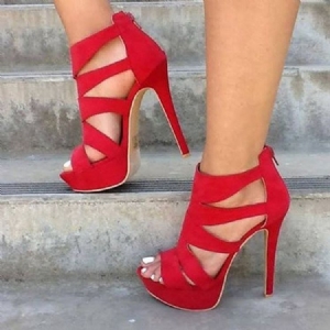 Rote Sandalen Aus Wildlederimitat Mit Offenen Zehen Und Stilettos Für Damen