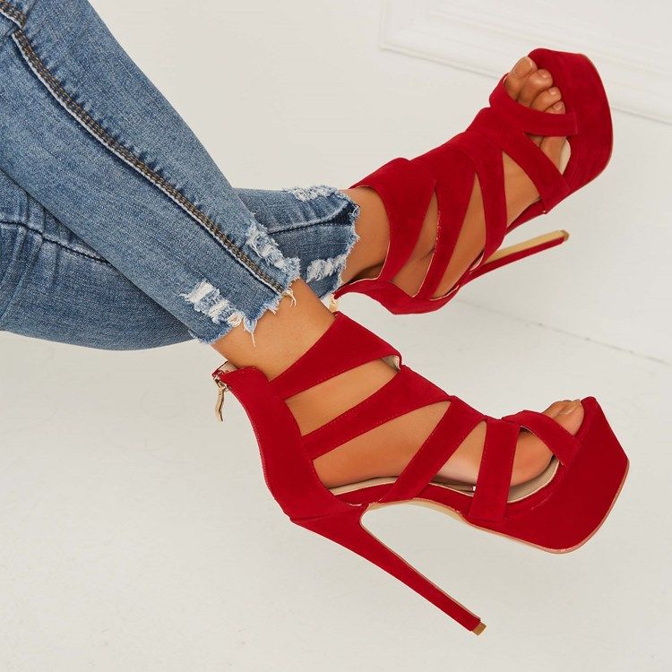 Rote Sandalen Aus Wildlederimitat Mit Offenen Zehen Und Stilettos Für Damen