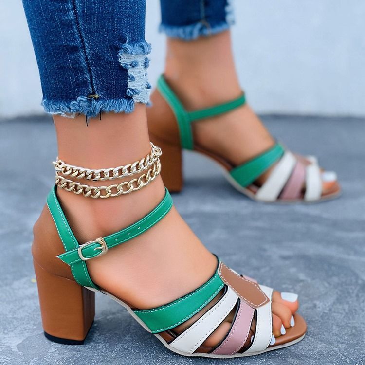 Schnalle Chunky Heel Peep Toe Color Block Damen Sandalen