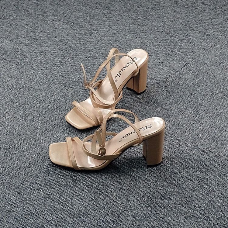 Schnalle Chunky Heel Square Toe Thread Damensandalen