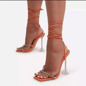 Square Toe Lace-up Stiletto Heel Low-cut Upper Damensandalen