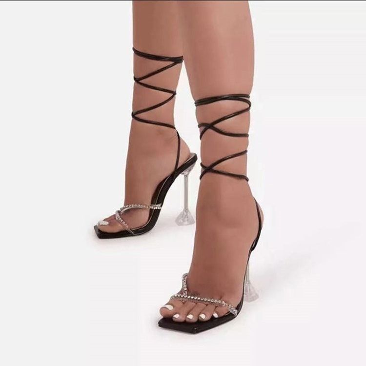 Square Toe Lace-up Stiletto Heel Low-cut Upper Damensandalen