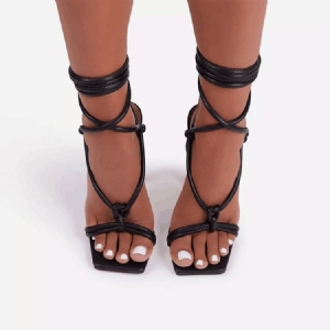 Square Toe Spool Heel Lace-up Cross Strap Damensandalen