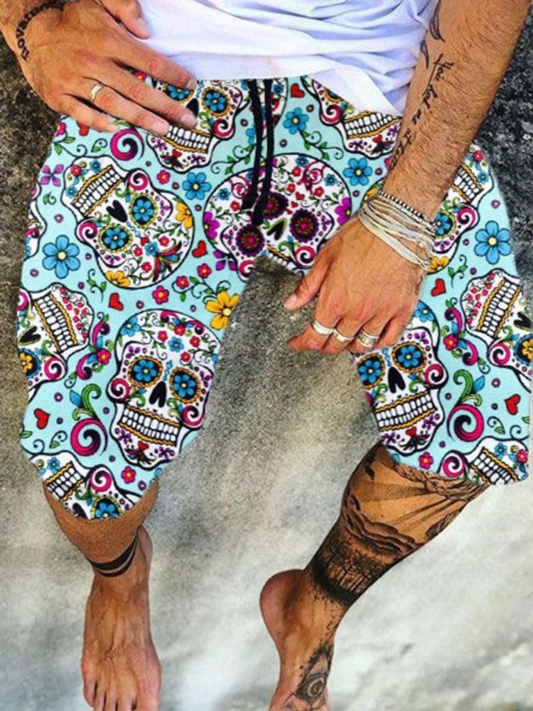 Gerade Herren Freizeitshorts Mit Totenkopf-print Mit Mittlerer Taille