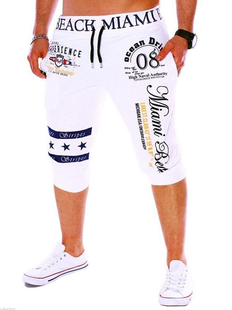 Letter Straight Print Mid Waist Herren Freizeitshorts