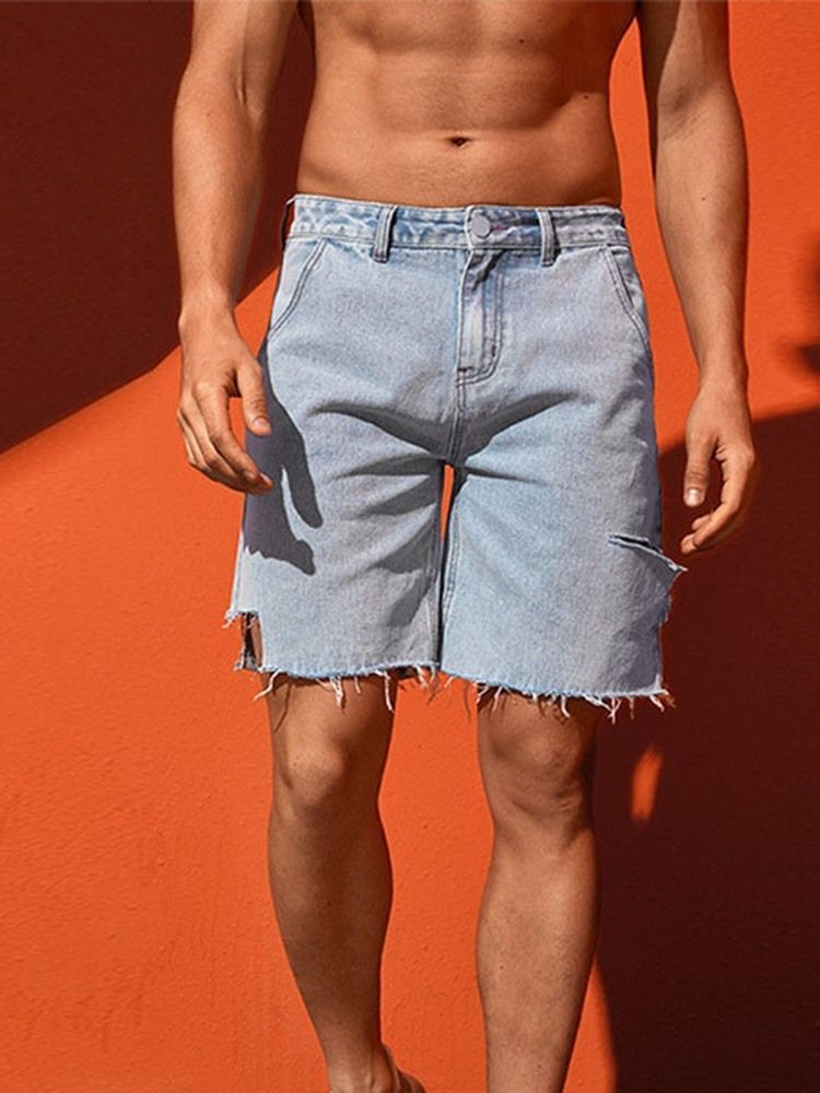 Loch Schlichte Lose Reißverschluss-herren-shorts Mit Mittlerer Taille