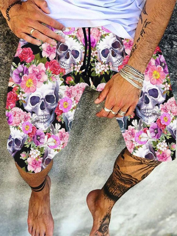 Skull Straight Print Herren Strandshorts