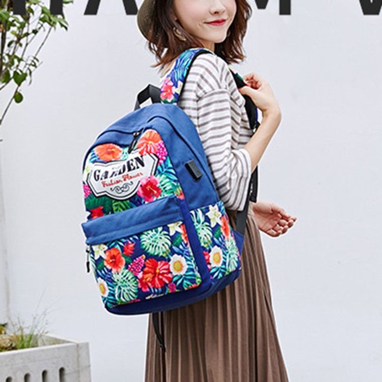 Blumen Canvas Reißverschluss Damen Rucksack