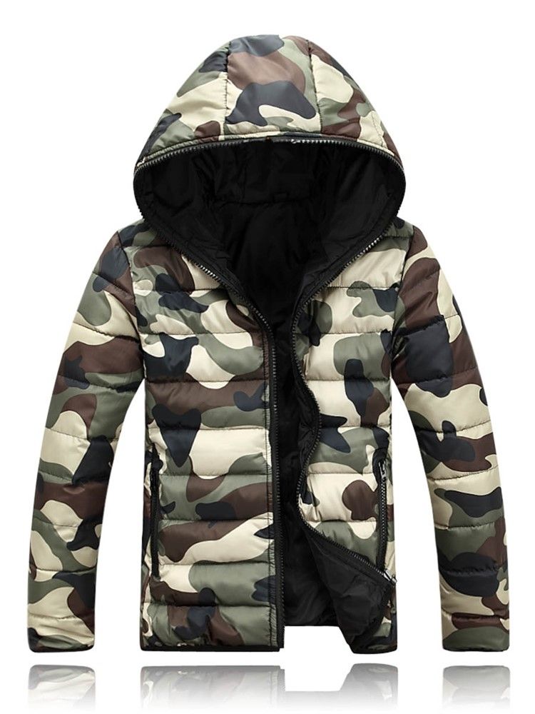 Daunenjacke Mit Kapuze Im Camouflage-stil Für Herren