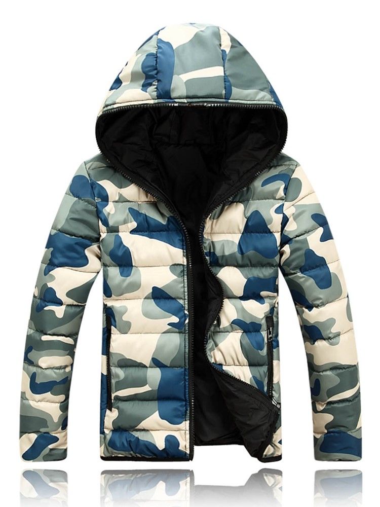 Daunenjacke Mit Kapuze Im Camouflage-stil Für Herren