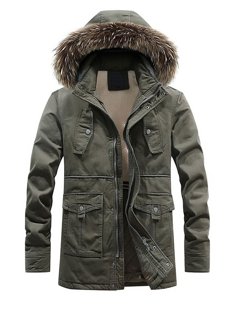 Fur Hooded Plain Zipper Pocket Herren Winterjacke