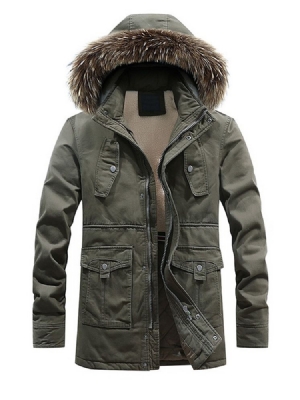 Fur Hooded Plain Zipper Pocket Herren Winterjacke